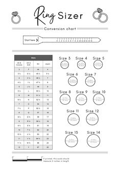 the size chart for an engagement ring is shown in black and white, as well as measurements