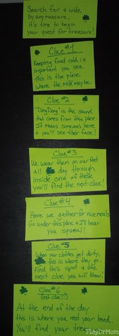 four sticky notes with green writing on them, all lined up in the same row