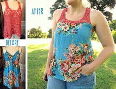 a woman standing next to a tree and wearing a tank top with flowers on it