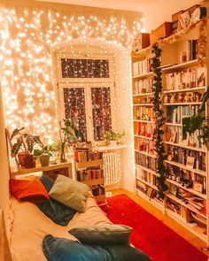 a living room filled with furniture and lots of bookshelves covered in christmas lights