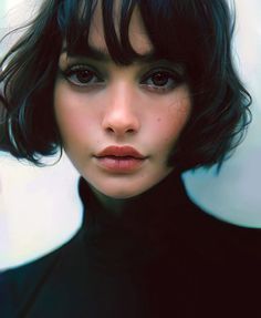 a woman with black hair and bangs is posing for the camera