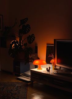 a living room with a television, lamp and plant in the corner at night time