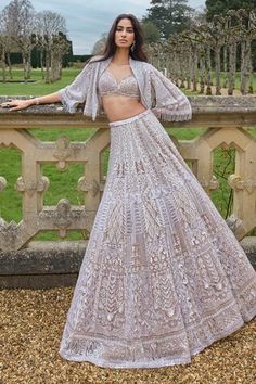 Beige jacket with sequin, crystal, bead, thread embroidery in floral pattern. Paired with sweetheart neck embroidered padded blouse and attached cancan lehenga. - Aza Fashions Jacket Lehenga Designer, Flowy Jacket, Net Jacket, Strappy Blouse, Jacket Lehenga, Haldi Dress, Seema Gujral, Bridal Indian, A Royal Affair