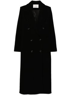 black virgin wool blend twill weave double-breasted button fastening peak lapels shoulder pads long sleeves buttoned cuffs two side welt pockets central rear vent full lining straight hem mid-length Ivy Oak, Fur Parka, Yoko London, Twill Weave, Blouse Outfit, Ski Wear, Outerwear Coats, Coat Dress, Long Coat