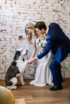 a bride and groom petting a dog in front of a brick wall