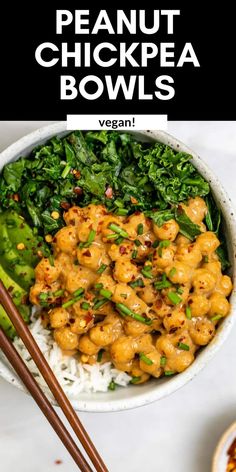 a bowl filled with chicken and vegetables next to chopsticks on top of rice