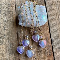 Stunning Natural Aura Quartz Crystal Stone Bottle Necklace. Screw Top, Comes With A Small Dropper For Filling With Your Favorite Scent. Features 18k Gold Plated Brass Rosary Chain. Adjustable Between 18-20". Comes In Dust Bag. Handmade In Usa