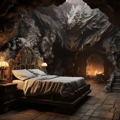 a large bed sitting in the middle of a room next to a stone wall with a dragon head on it