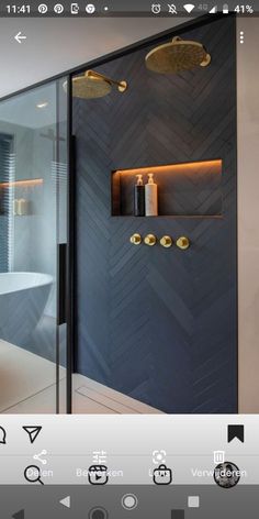 an image of a bathroom setting with the shower door open and shelves on the wall