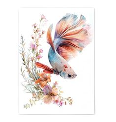 a watercolor painting of a fish with flowers on it's tail and wings