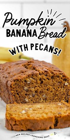 a loaf of pumpkin banana bread with pecans on the side and bananas in the background