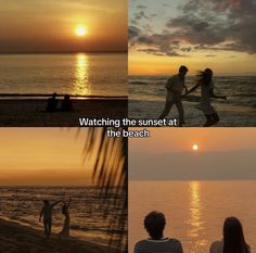 two people are walking on the beach at sunset and one is holding hands with another person