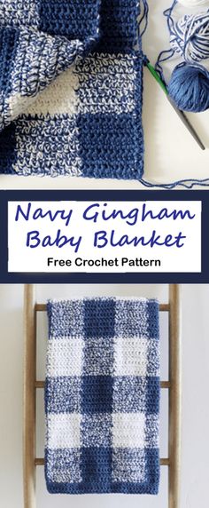 navy gingham baby blanket with free crochet pattern on it and the text overlay reads, navy gingham baby blanket free crochet pattern