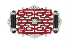 Openwork Panel with Cz Frame Accents Art Deco Brooch Red White Enamel 925 Silver Luxury Red Brooches For Formal Occasions, Luxury Red Brooch For Wedding, Red Diamond Accented Jewelry For Evening, Red Diamond Brooch, Red Diamond Brooch Jewelry, Red Brooch Jewelry For Formal Occasions, Bijoux Art Deco, Art Deco Brooch, Chinese Jewelry