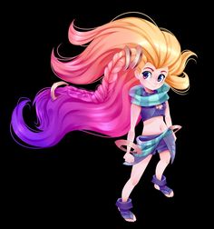 a cartoon girl with long pink hair and purple boots, standing in front of a black background