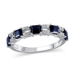 This 3.0mm princess-cut blue sapphire and 1/10 CT. T.w. round diamond split shank duo five stone alternating pattern ring is set in 10K white gold. Diamond And Sapphire Wedding Band, Blue Sapphire Wedding Band, Vintage Anniversary Rings, Sapphire Wedding Rings, Pattern Ring, Split Shank, Shiny Things, Sapphire Jewelry, Anniversary Bands