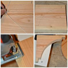 four pictures showing how to cut wood with a circular sawtoother and jig