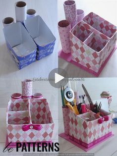 four different pictures of pink and white boxes with pens, scissors, pencils and other items in them