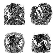 four black and white illustrations of women's faces with curly hair in ornate frames