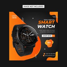 a smart watch ad with an orange and black background