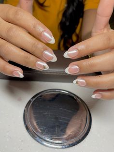 pearl french gold bow nails gelx French Tips With Pattern, Pearl Nails With French Tip, Chrome French Tip With Design, French Manicure With Bow, Graduation Nails White And Gold, White French Tip Nails With Silver Line, 16 Bday Nails, French Tip Gold Line, Nails To Match Gold Dress