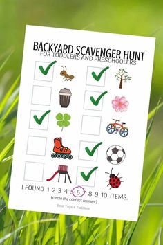 the backyard scavenger hunt is shown on top of some green grass with flowers