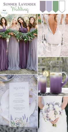 purple and green wedding color palettes with white flowers, greenery, candles, and bridesmaid's dresses