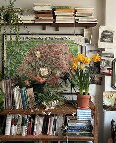 a bookshelf filled with lots of books and flowers