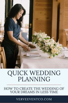 a woman setting a table for a wedding