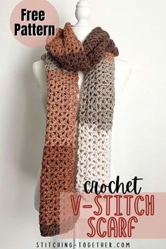 the crochet v - stitch scarf is shown on a mannequin