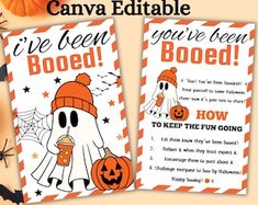 two halloween flyers with pumpkins on them and the words canva editable, you've been booed