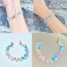 four different types of bracelets with beads and charms on their wrist ends, one in gold, the other in blue