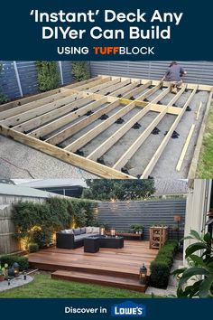 deck in a small yard with furniture on top, plants and hedges around, a lush lawn and a privacy fence Tuffblock Deck, Low Deck Designs, Diy Decks, Deck Blocks, Campsite Setup, Backyard Transformation, Deck Restoration, Staircase Outdoor, Deck Supports