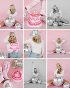 the woman is posing with her birthday cake and disco ball decorations in front of her