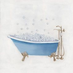 a painting of a blue bathtub filled with bubbles