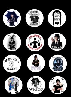 six different badges with black and white images on them, all in the same circle