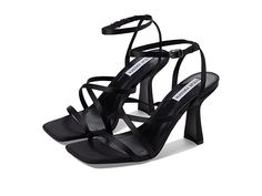 Steve Madden Brendi Heeled Sandal - Women's Shoes : Black Satin : Look chic wearing the Steve Madden Brendi Heeled Sandal that features a strappy upper and a sleek silhouette. Man-made upper, lining, and insole. Sleek ankle strap with buckle closure. Open square toe. Block heel. Crisscross vamp straps and a toe strap. Man-made outsole. Imported. Measurements: Heel Height: 3 1 4 in Weight: 8.1 oz Product measurements were taken using size 8.5, width M. Please note that measurements may vary by si Steve Madden Black Heels, Steve Madden High Heels, Blush Heels, Metallic High Heels, Red Suede Heels, Caged Heels, Steve Madden Sandals, Black Strappy Heels, Tan Heels