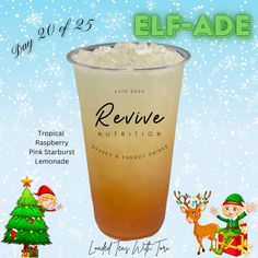 an advertisement for a holiday drink with elves around it