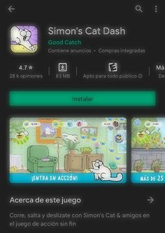 the menu for simon's cat dash, which is being displayed on an iphone