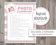 a pink and white photo scavenger hunt printable