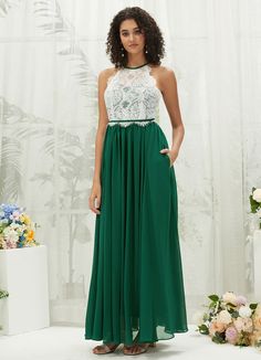 Lace Chiffon Slit Halter Key Hole Back Floor Length Pocket Bridesmaid Dress Heidi for Women Emerald Green Bridesmaid Dress, Elegant Lace Tops, Chiffon Pleated Skirt, Emerald Green Lace, Emerald Green Bridesmaid Dresses, Green Bridesmaid Dress, Emerald Bridesmaid Dresses, Pleated Chiffon Skirt, Date Dresses