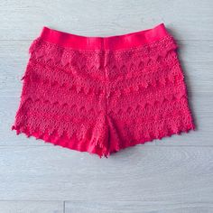 Crochet Fringe Detail Pull On Style Cotton/Modal Circa 2014 Summer Party Shorts With Lace Trim, Casual Pink Lace Bottoms, Pink Lace Bottoms For The Beach, Pink Lace Bottoms For Beach, Pink Lace Beach Bottoms, Red Lace Trim Summer Bottoms, Fitted Crochet Trim Shorts For Spring, Pull On Shorts, Crochet Fringe