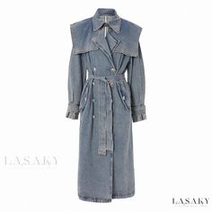 Lasaky - Chic Buttoned Collar Belted Double Breasted Denim Trench Coat with Vintage Worn-In Effect Windbreaker Fashion, Designer Denim Jacket, Denim Trench Coat, Blue Trench Coat, Winter Collars, Long Trench, Long Trench Coat, 90s Grunge, Denim Jacket Women