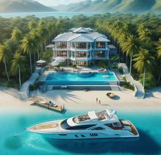 an artist's rendering of a luxury yacht in front of a large house on the water