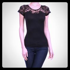 Seamless Black Top With Lace Detail At The Top. One Size Fits Most. Material Is 92% Nylon, 8% Spandex And Super Soft And Very Stretchy. Brand New In Packaging. Stretch Mesh Top With Lace For Night Out, Night Out Stretch Mesh Top With Lace Details, Night Out Lace Mesh Top, Black Elastane Summer Blouse, Black Elastane Blouse For Summer, Stretch Scoop Neck Top For Night Out, Black Stretch Mesh Top With Lace, Short Sleeve Stretch Lace Top, Fitted Crew Neck Lace Top