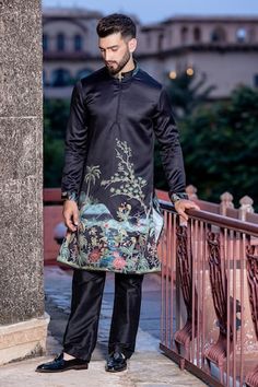 Black kurta with scenic nature print. Paired with matching aligadi pant. - Aza Fashions Traditional Fitted Pants With Printed Motifs, Fitted Traditional Pants With Printed Motifs, Traditional Black Pants For Festive Occasions, Traditional Black Festive Pants, Festive Traditional Black Pants, Black Nature, Black Kurta, Scenic Nature, Men Kurta