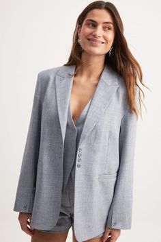 Oversized Melange Blazer Blue | NA-KD Career Button-up Blazer With Welt Pockets, Career Single-breasted Button-up Blazer, Professional Business Casual Button-up Blazer, Professional Button-up Blazer For Business Casual, Spring Blazer With Button Cuffs For Office, Spring Office Wear Blazer With Button Cuffs, Office Wear Button-up Blazer With Button Cuffs, Button-up Blazer With Button Cuffs For Office, Office Wear Blazer With Button Cuffs