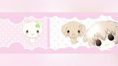 two cute little anime cats on pink and white polka doted paper with green bows