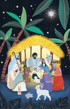 a nativity scene with the birth of jesus and baby jesus, surrounded by palm trees