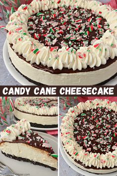 three different views of a cake with white frosting and chocolate sprinkles